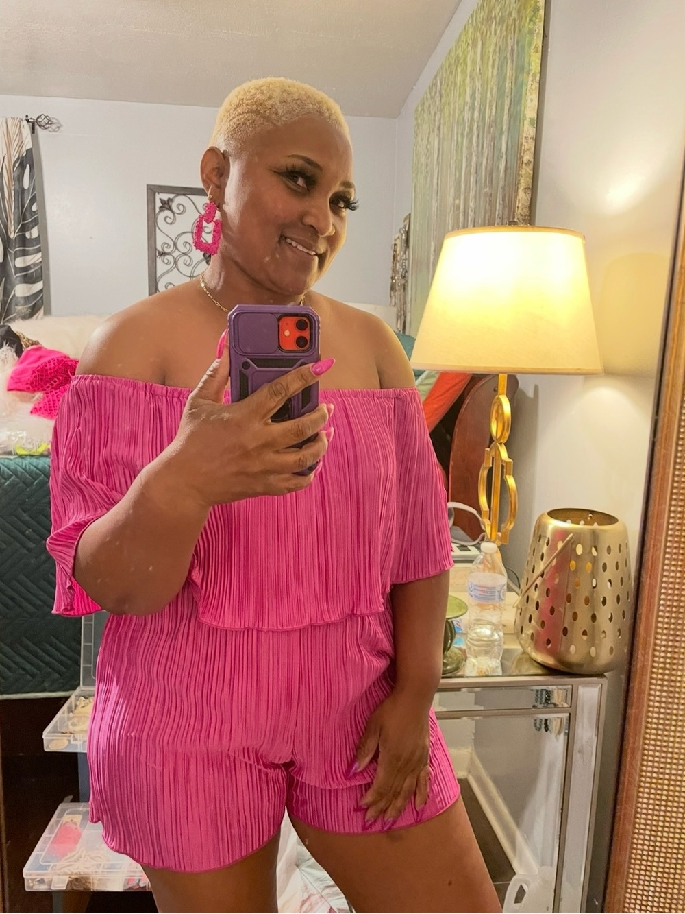 SHEIN Curve Bright Pink Pleated Off-Shoulder Romper